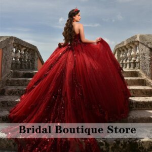 Glitter Burgundy Sequin Applique Princess Quinceanera Dresses Beads Sweet 16th Dress Prom 15th Birthday Wedding Gown Customized