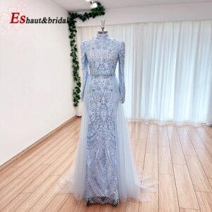 Elegant Muslim Evening Dress for Women Detachable Train 2025 Long Sleeves Bead Mermaid Formal Prom Wedding Party Gown Customized