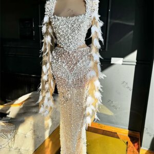 Luxury Fully Beads Pearl Floor Length Formal Party Dress Heavy Handmade Feather Long Sleeve Evening Ceremony Red Carpet Dresses
