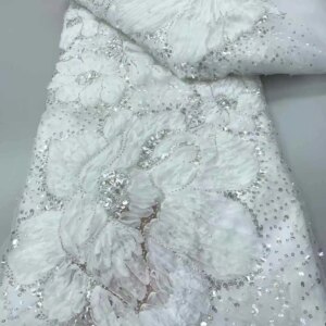 African 3D Flower Lace Fabric 5 Yards 2025 High Quality With Sequins Embroidered French Nigerian Beads Lace Fabric For Wedding