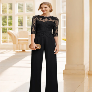 Black Mother of the Bridal Dresses Elegant Formal Prom O Neck Applique Lace Evening Dresses Half Sleeves Pants Suit Party Gowns