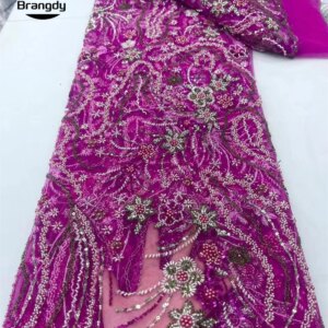 2024 African Lace Fabric Tulle Mesh Lace High Quality Beaded French Nigerian Sequin Fabric For Wedding Evening Gown Sewn 5 Yards