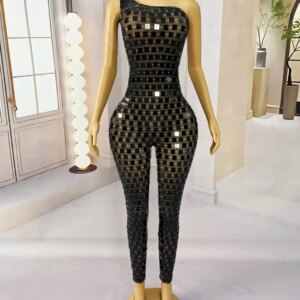Sexy Stretch Leggings Jumpsuit Costume Birthday Celebrate Outfit Stage Wear Women Sparkly black Rhinestones Mirrors Bodysuit