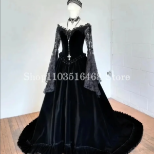 Black Gothic Medieval Wedding Dress Elegant Strapless Lace Fairy Long Sleeve Velvet Tie A-line Dress Customized