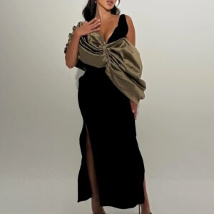 Customized High Quality Pleat Contrast Color V-Neck Ankle Length Side Slit  Straight Evening DressJersey Off the Shoulder Vestid