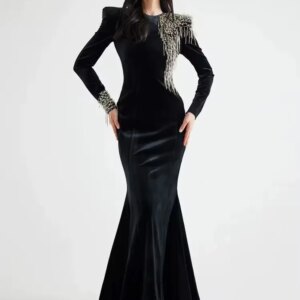2025 Black Diamonds Mermaid Prom Dress Long Gown Bead Crystal Rhinestones Wedding Birthday Party Dress Long Sleeves Customized