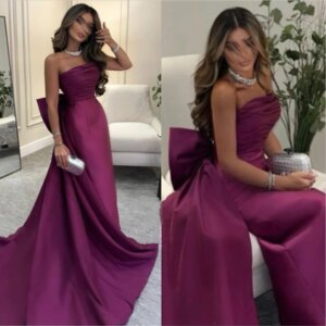 Strapless Satin Pleat Evening Dresses Mermaid With Big Bow Elegant Arabic Formal Party Prom Gowns Vestido De Fiesta Customized