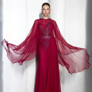 Elegant Cape Prom Dress Luxurious Burgundy Party Dress Sexy Beaded A-line Floor-Length Evening Gowns Customized