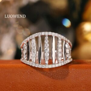 LUOWEND 100% 18K White Gold Rings Women 0.90carat Real Natural Diamond Engagement Ring Fashion Skeleton Design Luxury Jewelry