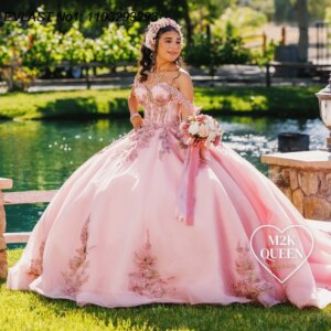 EVLAST Customized Glittering Pink Quinceanera Dress Ball Gown Lace Applique Beading Corset Sweet 16 Vestido De 15 Anos E1Q530