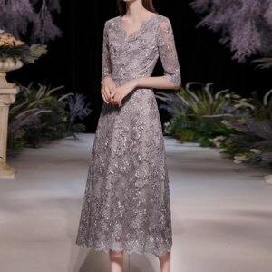 Gray Lace Mother Of The Bride Dresses Elegant V-Neck A-Line Long Women Midi Dresses For Wedding Evening Party