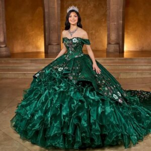 Customized blackish green V-neck Off Shoulder Quinceanera Dress applique flower layering vestidos de 15 Quinceanera 