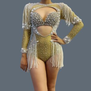 Night Party Pearls Tassel Low-cut Bodysuit Stage Performance Sparkly Crystals Pearls Outfit Sexy Women Elastic Bodysuit Cangxuan