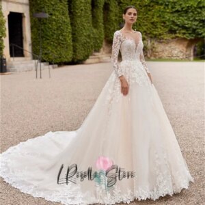 LRosella 2025 O-neck Neckline Beaded Lace Applique Long Sleeves Button Back Bridal Gown Customized Ball Gown Wedding Dresses