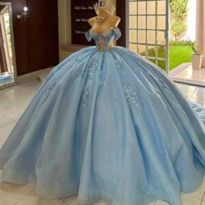 Customized Blue Quinceanera Dresses For Sweet 16 Girls Beading Crystal Ball Gown Appliques Birthday Party Gowns vestidos de fies