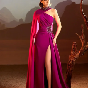 CustomizedArabic Beads One-Shoulder Prom Dresses Mermaid Evening Dress Side Slit Floor-length With Cape Formal Occasion Party Dr