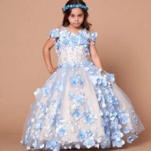 Blue Mini Quinceanera Dresses Mexican Ball Gown Floral Flower Girl Dresses For Weddings Pageant Dresses Kids Baby Customized