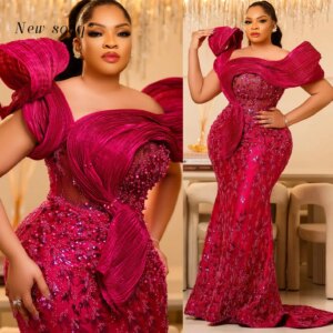 Aso Ebi Plus Size Fuchsia Long Mermaid Evening Dresses Pearls Beaded Women Formal Party Gowns For A Wedding African Customized