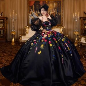 Mexican Black Shiny Quinceanera Dresses Color 3D Floral Applique Birthday Princess Formal Sweet 16 Ball Gowns Vestidos 15 XV