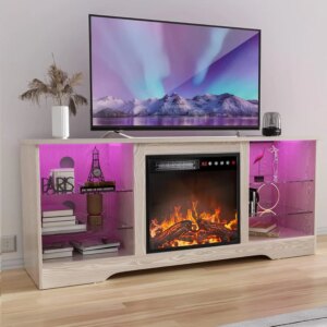 Equipped with an 18 inch fireplace TV stand, suitable for TVs under 65 inches, glass shelves, and storage cabinets (beige)