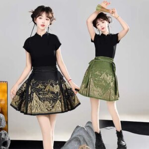 Woven Short Horse-Face Skirt Women’s Suit New Chinese Style National Daily Girl Wear and