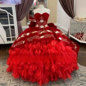 Customized New Red Quinceanera Dresses Ball Gown Embroidery Bow Sweep Sweet 16 Dress Birthday Party Vestidos De 15 Anos