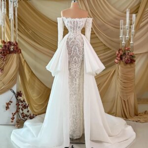 Elegant Ivory Lace 3D Formal Wedding Dress with Tired Detachable Train Off the Shoulder Long Sleeve Beaded Evening Gown Newest
