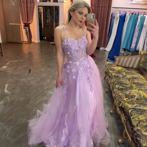 Elegant Spaghetti Straps Boat Collar Applique Lace Tulle Prom Dress for Women A-line Long Prom Party Gown robes de soirée