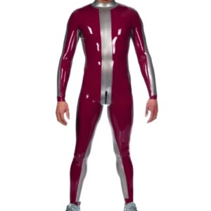 customized latex Burgundy and Silver Latex Catsuit with stripes design bodysuit handmade natural rubber clubwear cosplay