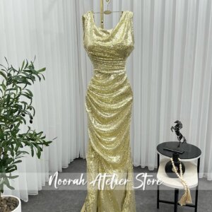 Sequined Gold Halter luxurious women’s Crystal Pleats Evening Dress 2025 Women Dubai Celebrity Dress Long Prom Dress Customized