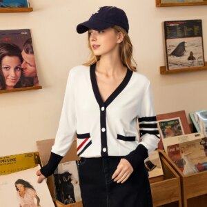 Z523 V-neck color contrast casual single breasted 100% wool high-end light luxury cardigan knitwear for women