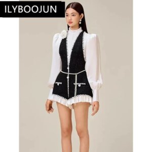 BY Women’s Fashion Short Jumpsuit Contrast Color Patchwork Stand Collar Long Sleeve Tweed Playsuit Autumn 2024 New 13DB3944