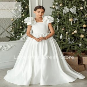 White Flower Girl Dresses Satin Solid With Bow Sleeveless For Wedding Birthday Banquet First Communion Gowns