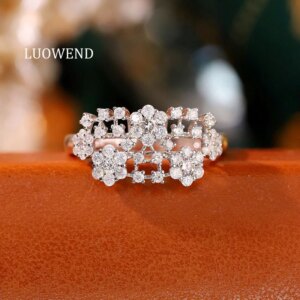 LUOWEND 100% 18K White Gold Rings Luxury Elegant Design 0.70carat Real Natural Diamond Engagement Ring for Women Fine Jewelry