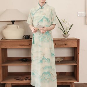 Thousand-Li Landscape Cheongsam Improved Tea Clothes for Women Zen Artistic Chinese Style Painting Dress Summer Art Clothing