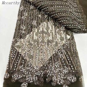 2025 High Quality French Mesh Embroidery Sequins Lace Fabric African Nigerian Beads Lace Fabric For Wedding Dress Sewing 3Yards