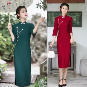Improved New Chinese Style plus Size Wedding Cheongsam Qi Pao Autumn and Winter Women’s Applique Skirt