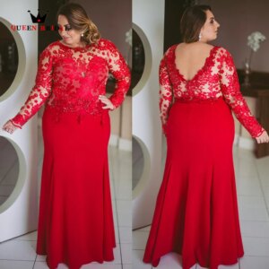 Elegant Red Lace Appliques Mother of the Bride Dresses Long Sleeves Beading for the Bridal Mother Wedding Party Plus Size SN15