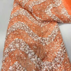 Luxury African Heavy Lace Latest Handmade Beads Lace Fabric High Quality Nigerian Sequins Embroidery Bride Lace Fabric For Dress