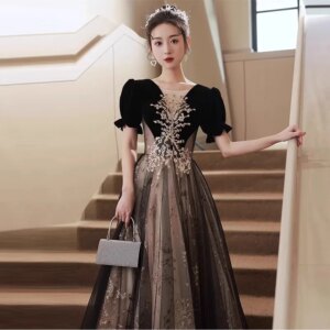 Banquet Evening Dress 2025 Hepburn Annual Meeting Temperament Black V-neck Short-sleeved A-line Skirt Formal Dress Women Elegant