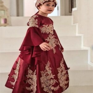 Abaya Burgudy Moroccan Flower Girls Dress 2025 Elegant Long Sleeve Vestidos Para Niñas Caftan Dubai Lace Pageant Customized