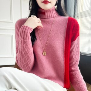 autumn and winter 24 new 100 pure wool knitted women’s high neck pullover for warmth, color blocked full sleeved sweater