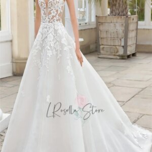 Sweetheart Neckline Lace Applique Sleeveless Sequined A-line Custome Weddding Dresses Illusion Button Tulle Back Bridal Dresses