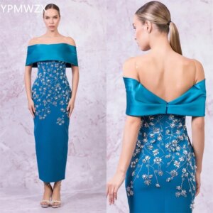 Customized Evening Dress Formal Party Occasion YPMWZX Off-the-shoulder Column Ankle Length Skirts Bead Bespoke Dresses