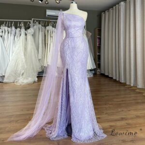 2025 Customized Single Cape Sleeves Dubai Evening Gown Mermaid Side Split Beaded Women Party Dress