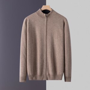 Autumn/Winter New Cashmere Sweater Men’s Half High Neck Knitted Zippered Cardigan Solid Color Wool Top Coat Large Size Jumper