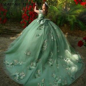 EVLAST Customized Shiny Sage Quinceanera Dress Ball Gown Lace Applique Beading Bow Corset Sweet 16 Vestido De 15 Anos E1Q496