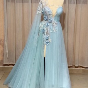 Glamorous Blue Prom Dresses Stunning Beads Lace Women Evening Dresses with Shawl Floor Length Customized Wedding Guest Gowns