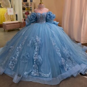 Sky Blue Quinceanera Dresses Off Shoulder Ball Gown Sweet 16 Dress Applique Flower Beads Corset Tull Birthday Party Vestidos 15