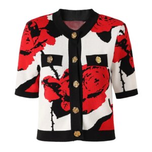 Lady Summer New Arrival Designed Jacquard Floral O-neckline Short Sleeve Women Single-breasted Knits Colorblock Cardigan